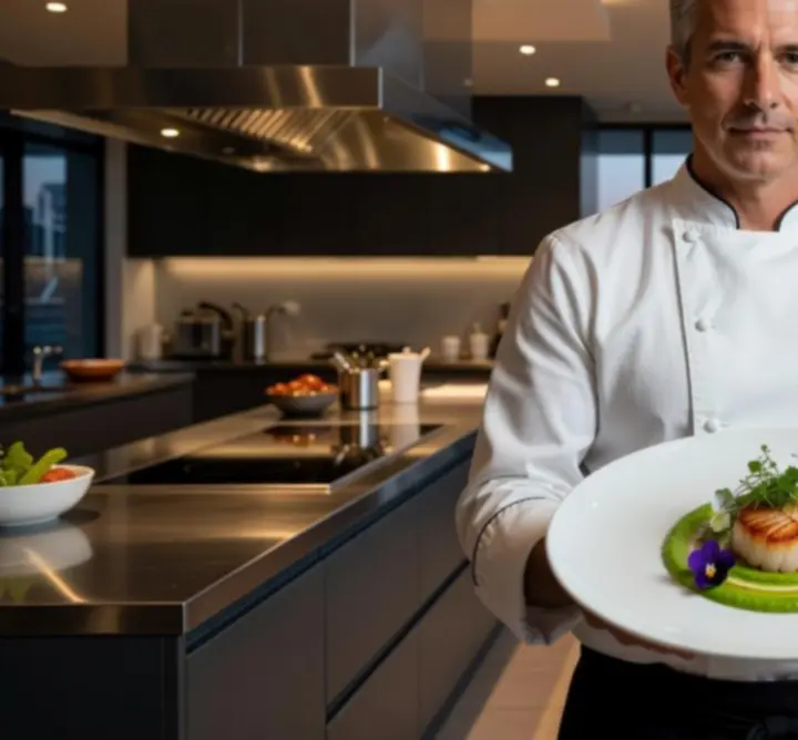 Executive chef plating an artistic signature menu dish at Funteria Crown Dining.