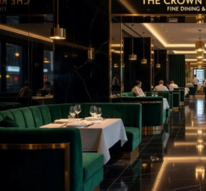 Epicurean dining room entry with cinematic luxury lighting at Funteria Crown Dining