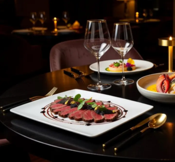Gourmet signature dishes elegantly plated on a dark luxury restaurant table.