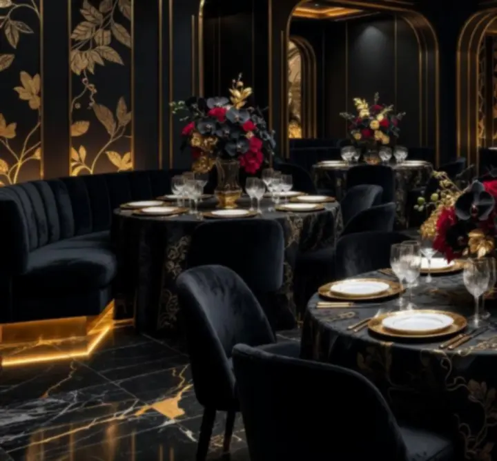 Luxury event setup with candlelit tables and gold-accented decor at Funteria Crown Dining