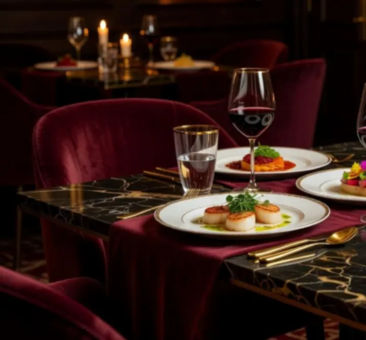 Cinematic arrangement of luxury gourmet dishes at Funteria Crown Dining