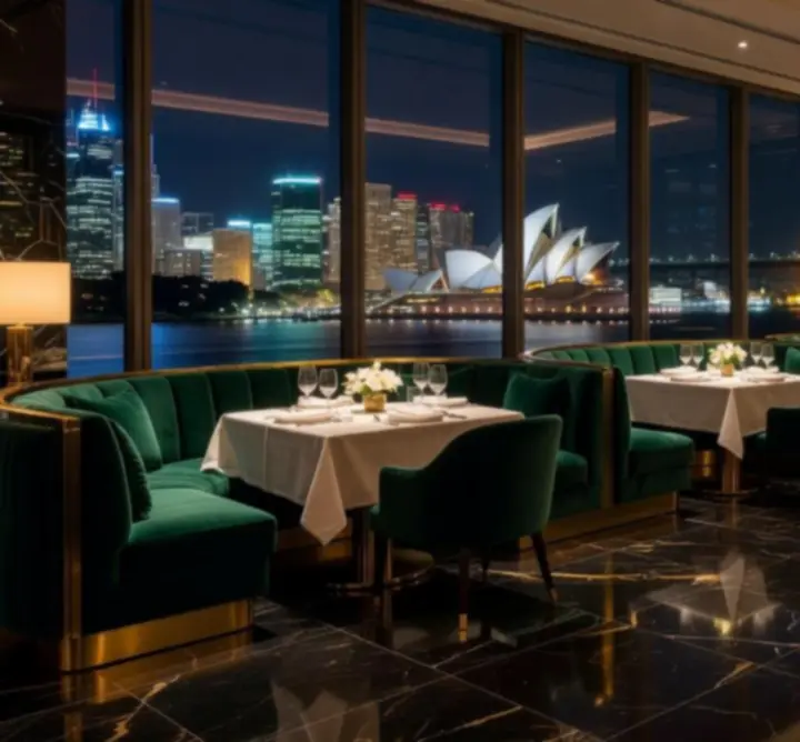 Cinematic luxury restaurant interior at night with velvet seating and city skyline views.