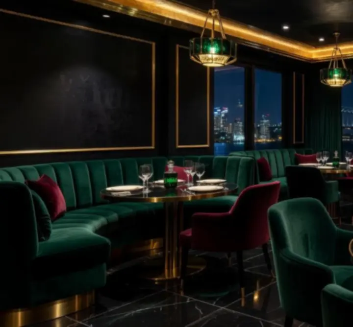Luxurious Sydney restaurant interior with velvet seating, golden lighting and city views at Funteria Crown Dining.