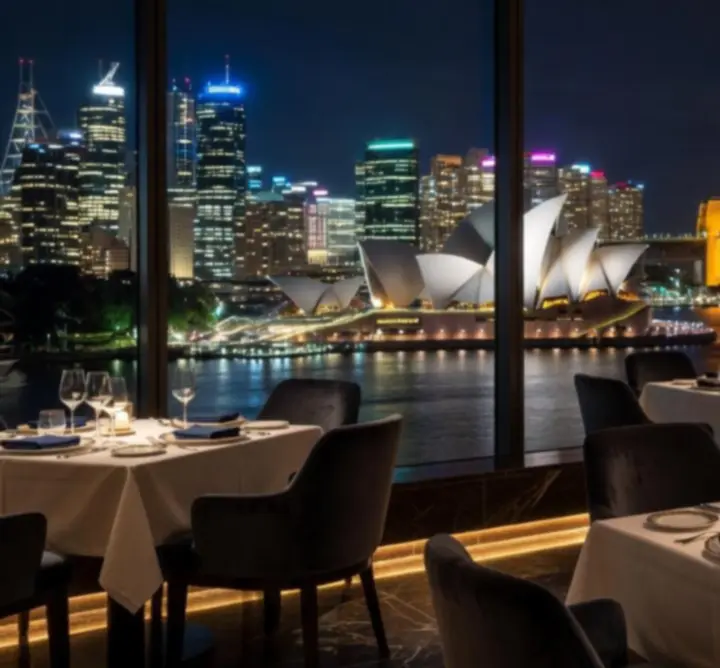 Panoramic night skyline view of Sydney from inside Funteria Crown Dining restaurant