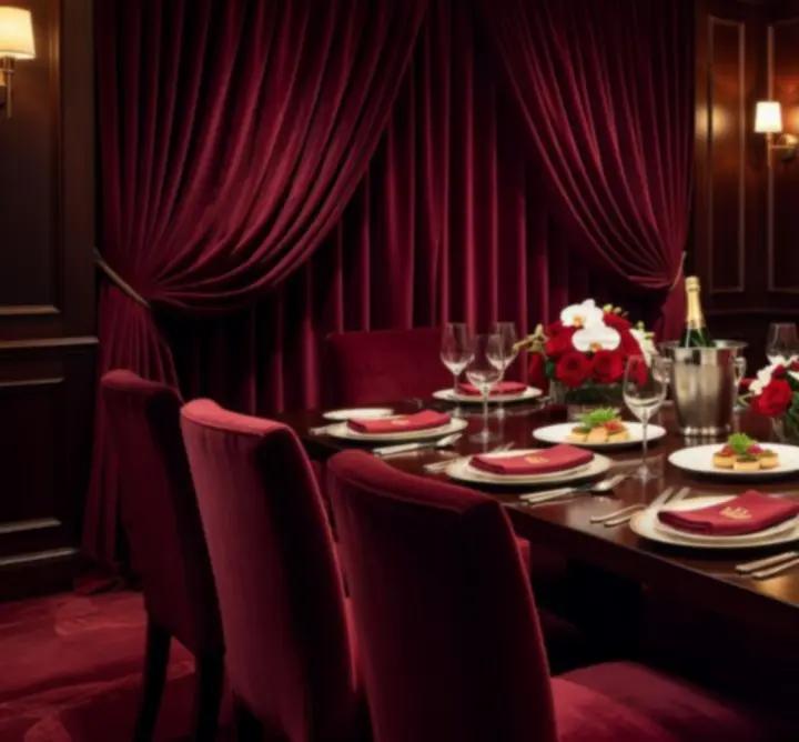 Private event dining space at Funteria with long candlelit table and ambient lighting for celebrations.