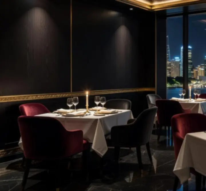 Luxurious nighttime dining room at Funteria Crown Dining in Sydney with candlelit tables and city skyline views.