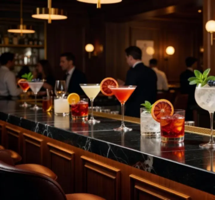 Stylish cocktail bar with illuminated shelves and crafted drinks at Funteria Crown Dining