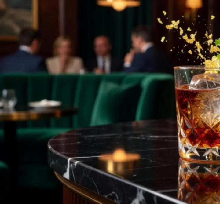 Close-up of a stylish cocktail on a dark marble bar with warm ambient lighting.