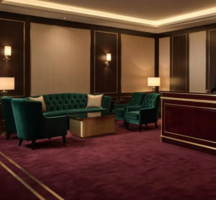 VIP lounge entrance with velvet seating and ambient lighting at Funteria Crown Dining