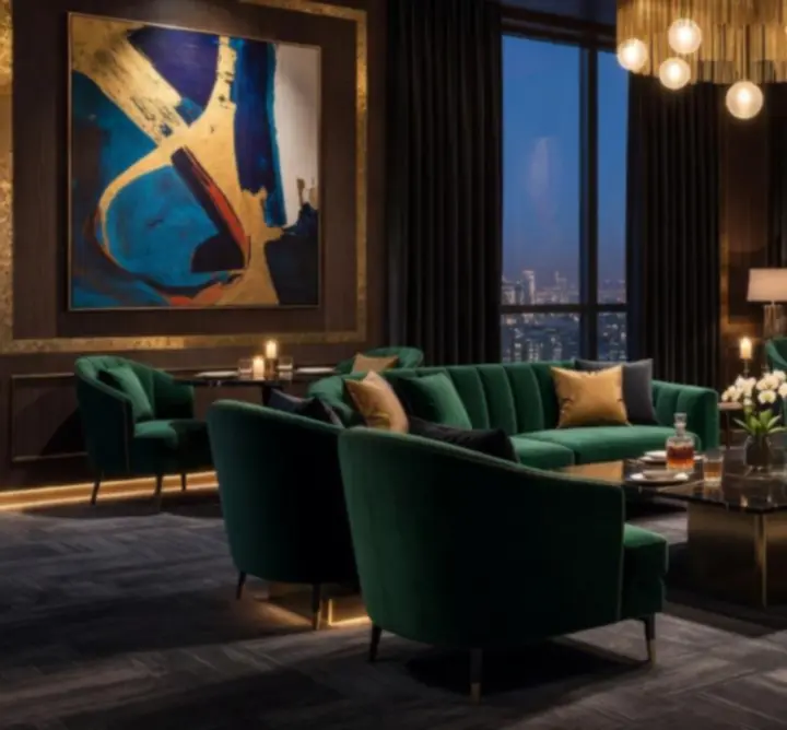 Private VIP lounge with plush seating and moody lighting inside Funteria Crown Dining